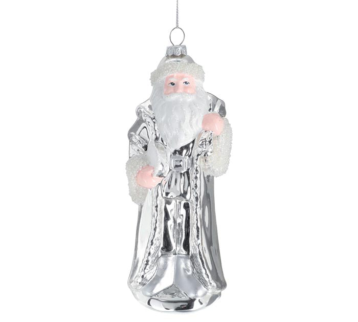 Silver Santa Glass Ornament with White Accents